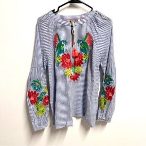 NWT Boden 12 Marla Blue White Striped Embroidered Floral Parrot Tassel Tunic Top